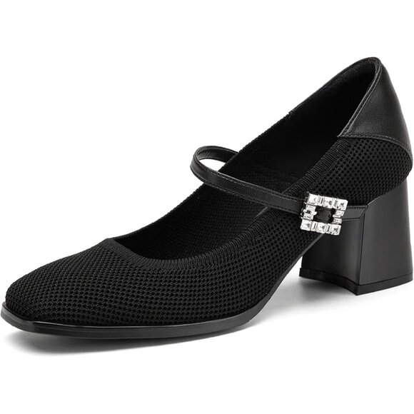 🆕Women Black Mid Block Heel Buckle Strap Pumps Comfortable Square Toe Shoes - Picture 1 of 5